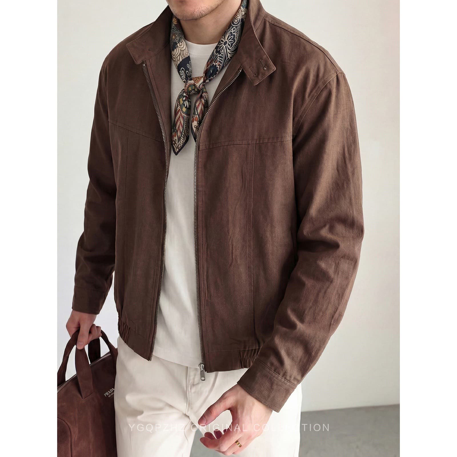 49% Lyocell 2026 Refresh Old Money Retro Stand Collar Workwear Jacket Men Loose Harrington Motorcycle Coat