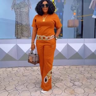 African Set Plus Size Women's Set Hollow Rhinestone Summer/Autumn European American Amazon Solid Color Top Fashion Two-Piece