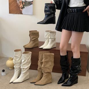 [Excluding Tax] Wedge Heel Tall Boots 2026 Autumn Winter New Pointed Toe High Heel Pleated Stacked Tall Boots Wide Shaft Knight Boots