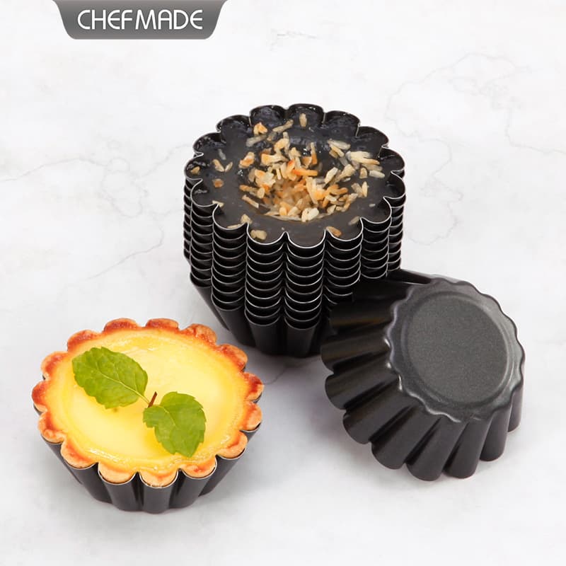 Chefmade Black 2.5-Inch 12-Piece Non-Stick Fluted Tart Mold Baking Mold Cake Tart Flower Mold