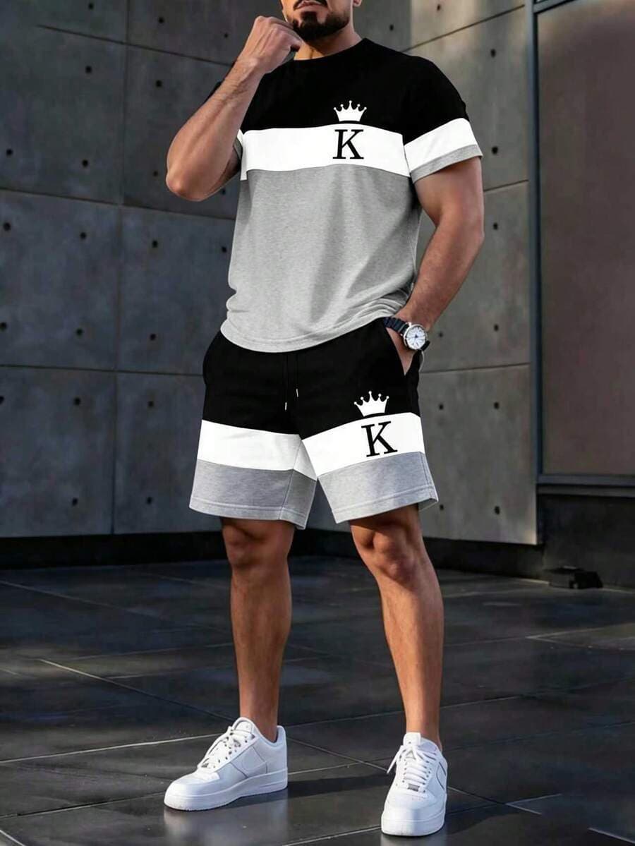 American KING Graffiti Short Sleeve Shorts Set White Top with All-Over Multi-Element Letter Star Basketball Print