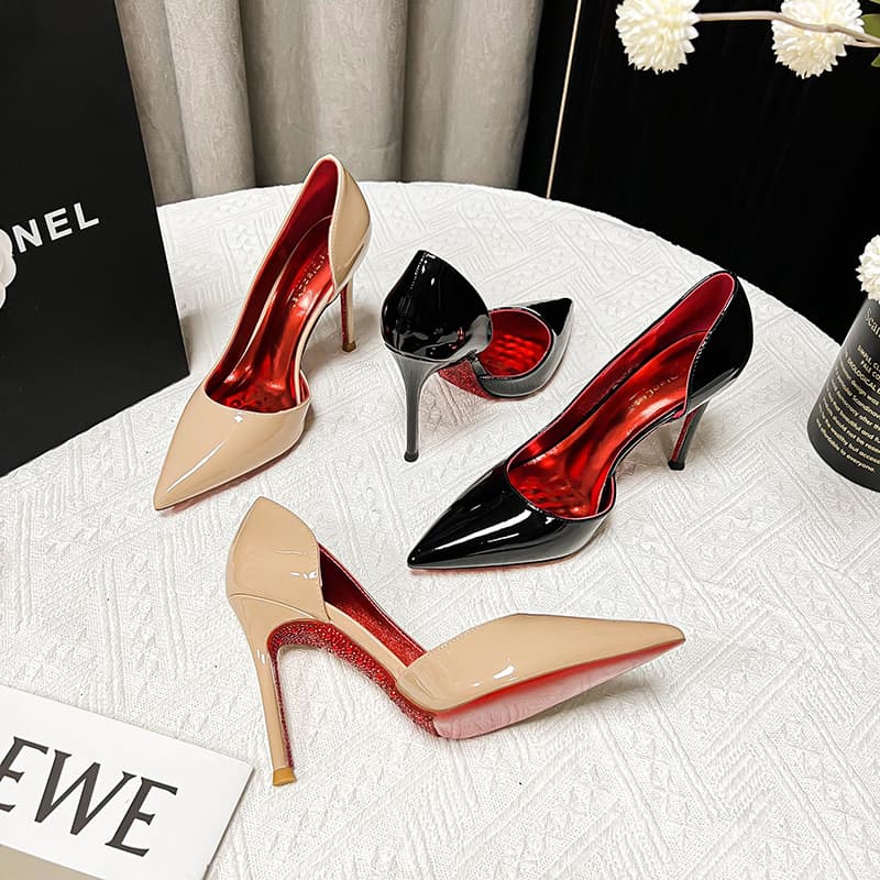 Nude Rhinestone Red Sole Side-cutout Full Coverage Stiletto High Heels Women Pointed Toe Shallow Sexy Temperament Versatile High-end Comfortable
