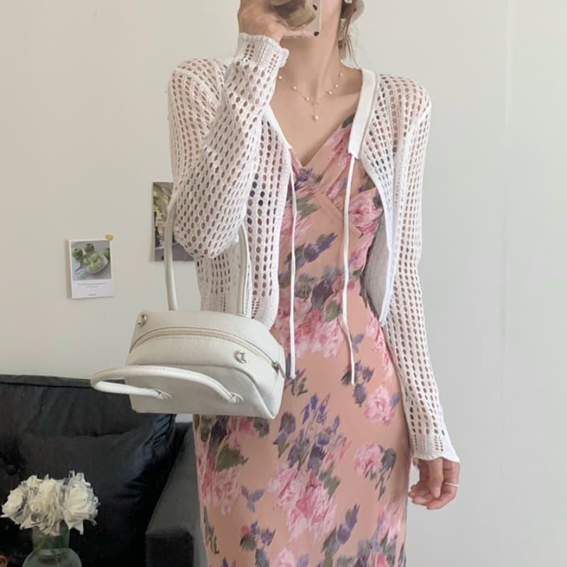 2025 Spring/Summer New Korean Style Hollow Sun Protection Short Knitted Cardigan Versatile Slimming Tie Shawl Top for Women