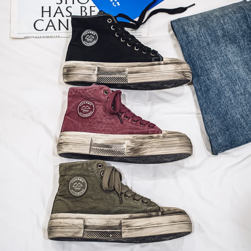 Distressed platform high-top canvas shoes for men, 2024 new style, spring and autumn casual shoes, sneakers, soft-soled shoes, trendy shoes