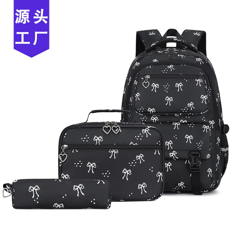 2026 New Printed Bow 3-Piece Set Backpack for Women Nylon Waterproof Elementary School Bag Large Capacity Backpack