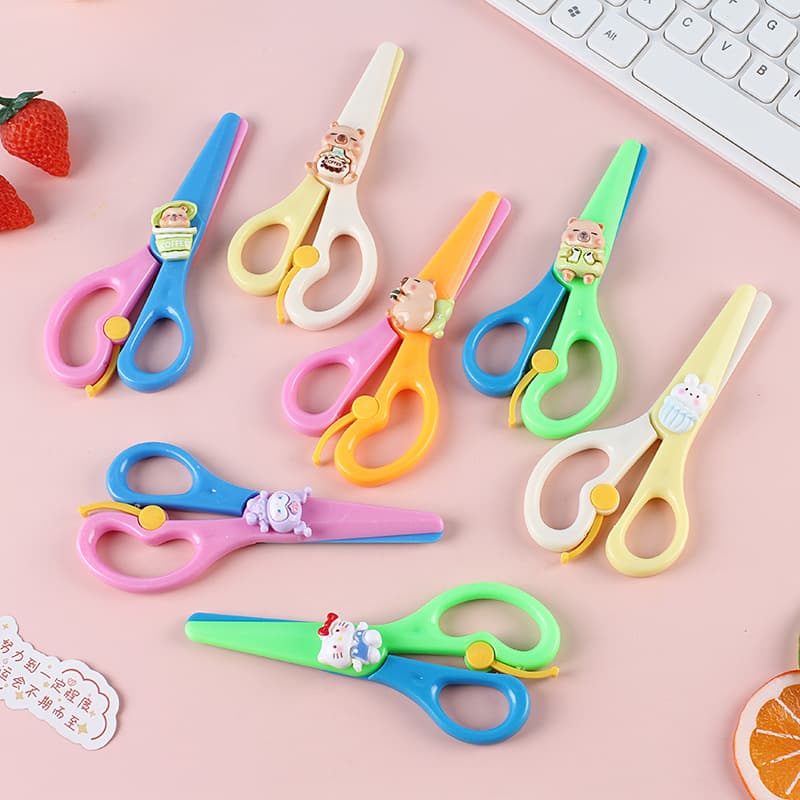 Kids Safe Plastic Scissors for Kindergarten DIY Paper Cutting, Cute, Durable, Spring-Loaded Anti-Pinch Iron Scissors