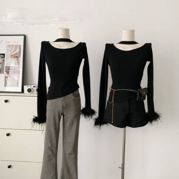 2026 New Thai-Style Fuzzy Sleeve Design Black Base Layer Top for Women, Autumn/Winter French Slim-Fit Premium Top