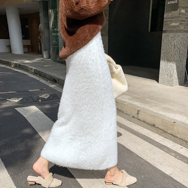 Real Shot Faux Mink Knit Skirt Women Winter Long Skirt Korean Slim A-Line Skirt Warm Slimming Fur Wrap Skirt