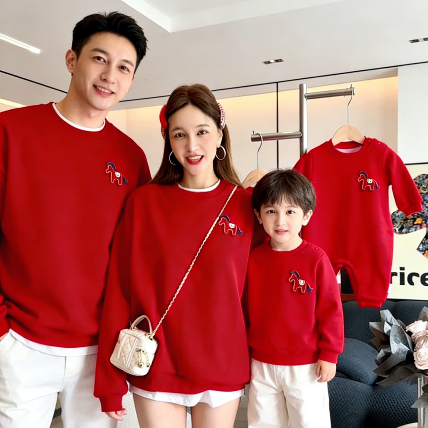 Family Matching Red Hoodies for Chinese New Year Celebration, Fleece-Lined with Embroidered Little Horse, Full Family Set
