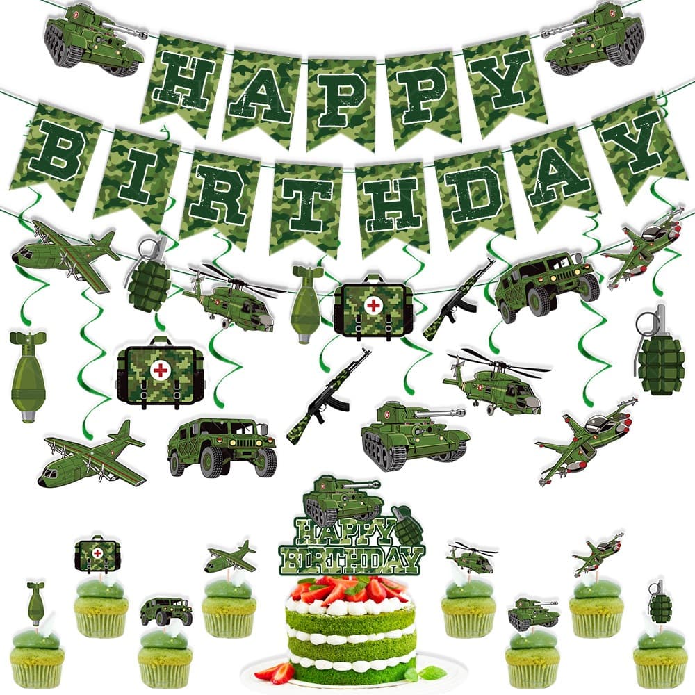Cross-border Camouflage Theme Birthday Party Decoration Happy Birthday Banner, Cake Topper, Spiral Hanging Ornaments