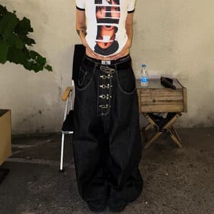 American Vintage Streetwear Hip-Hop Button Design Curved Seam Jeans Cross-Border Vintage Washed Straight Wide Leg Jeans Women