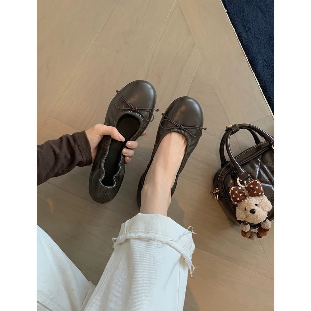 Sheepskin Vintage Wrinkled Flat Rocking Shoes with Bow, Shallow Mouth Ballet Flats for Women 2026 New Style
