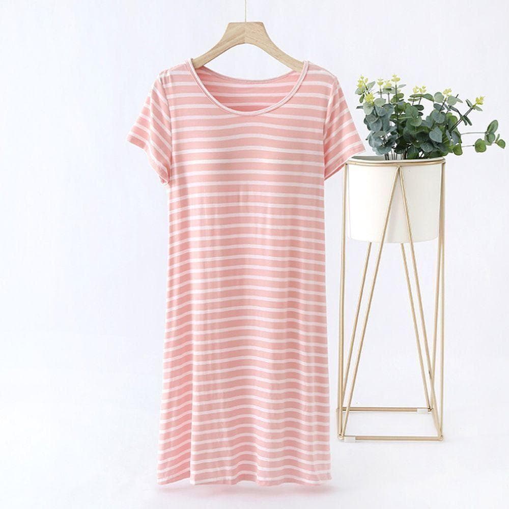 Cotton Nightdress with Chest Pad Anti-Bump Spring and Summer Pajamas Women's Striped Mid-Length Dress Outer Wear Short Sleeve Home
