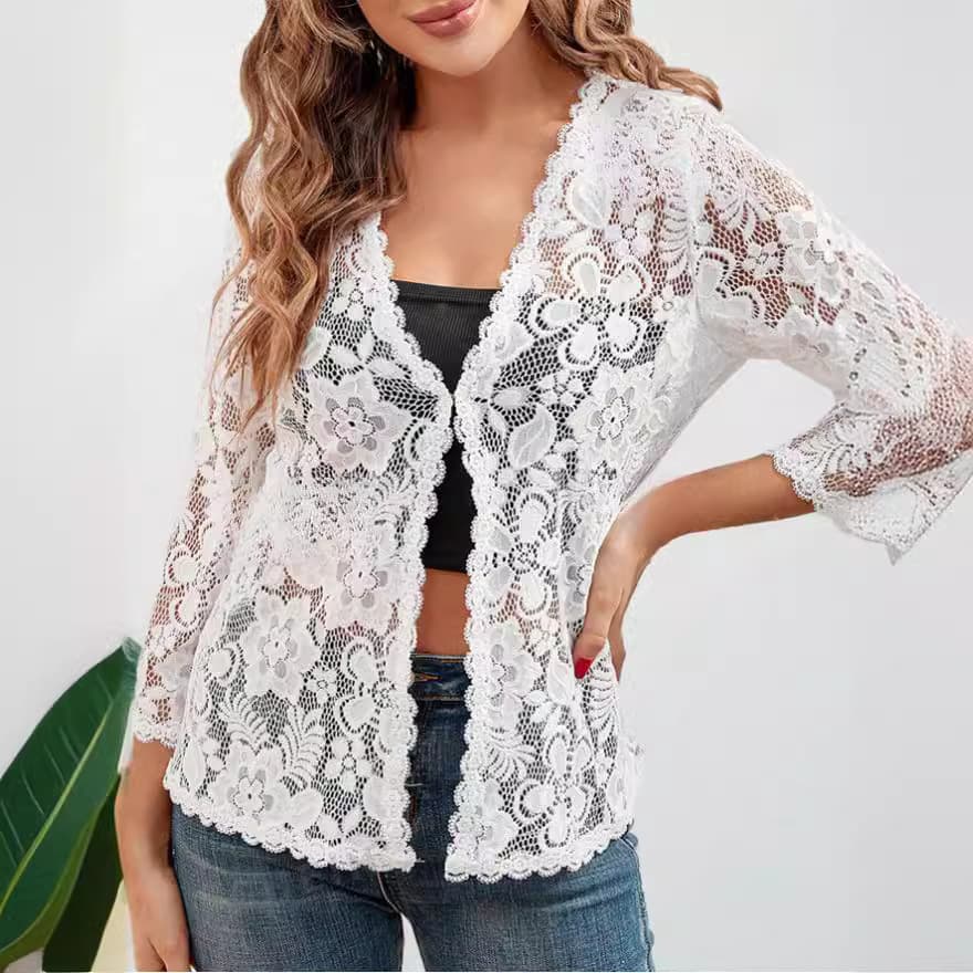 2024 European and American Cross-border Sun Protection Cardigan Lace Hollow-out Sheer Beach Sunscreen Jacket