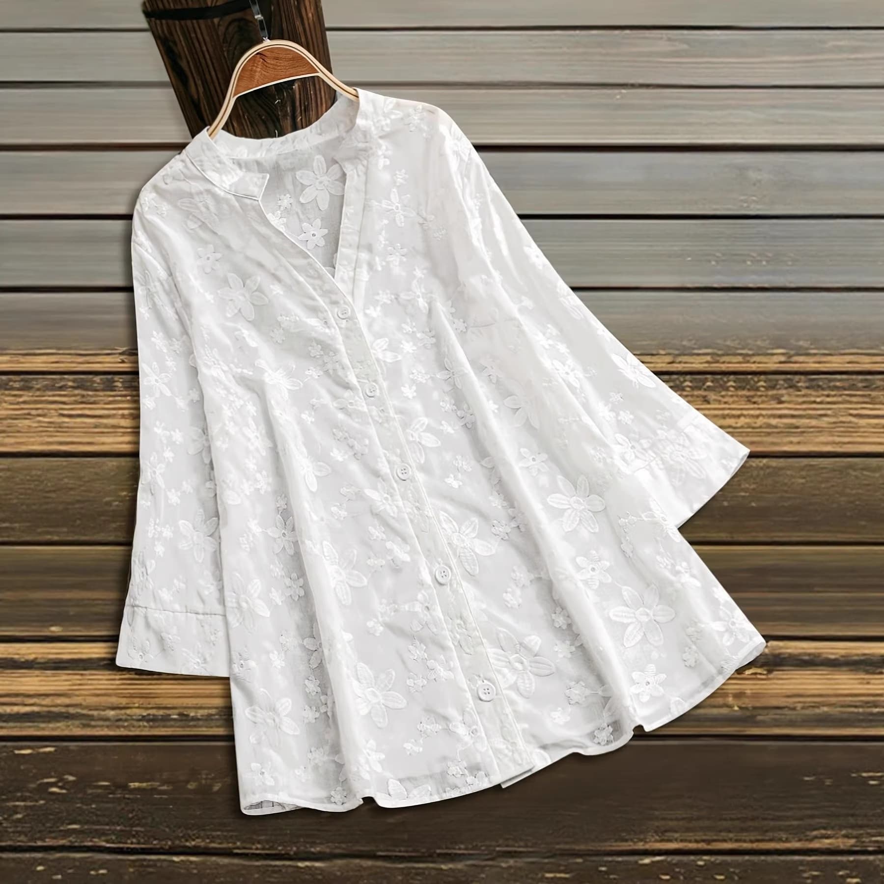 Plus Size Women Spring Summer Romantic Floral Embroidery Semi-Sheer Loose Casual Mid-Sleeve Cardigan Top