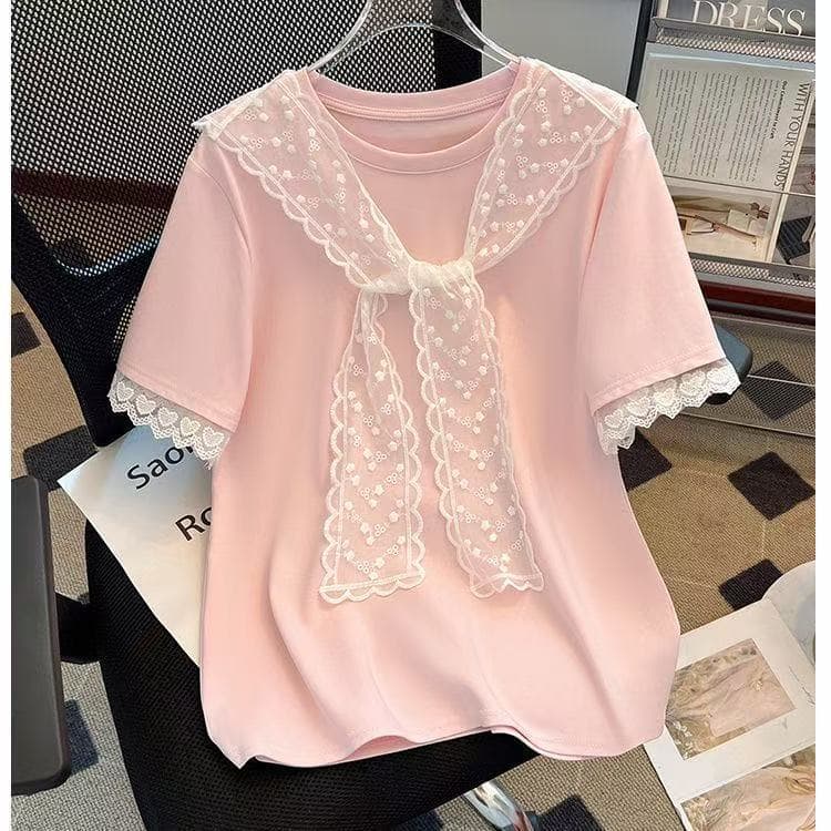 Plus Size Heavy Lace Shawl Short Sleeve T-Shirt for Women 2026 Summer New Slim Fit Flattering Fashion Top