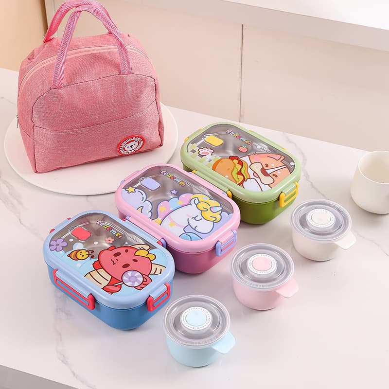Antibacterial 304 Stainless Steel Lunch Box for Kids, Portable Sealed Cartoon Bento with Soup Bowl