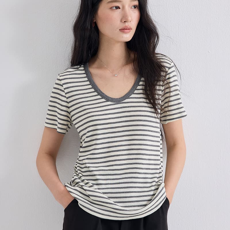 Tencel Acetate U-Neck Short-Sleeve 2026 Spring/Summer New Linen Slimming T-Shirt Basic Versatile Cool Top for Women