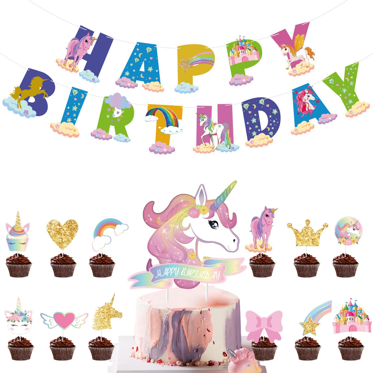 Unicorn Theme Birthday Party Set Banner Insert Cards My Little Pony Kids Birthday Cake Decorations