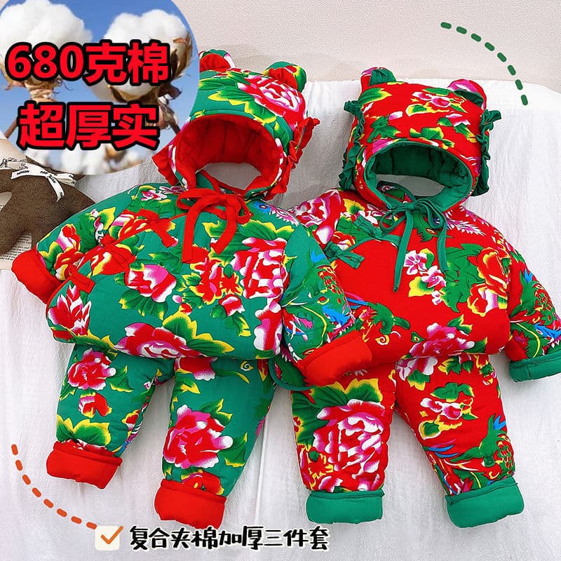 Girls' cotton-padded clothing suit 23-year-old winter clothing new fashion baby cotton-padded clothing children's clothing thickened Northeast large-flowered cotton-padded jacket