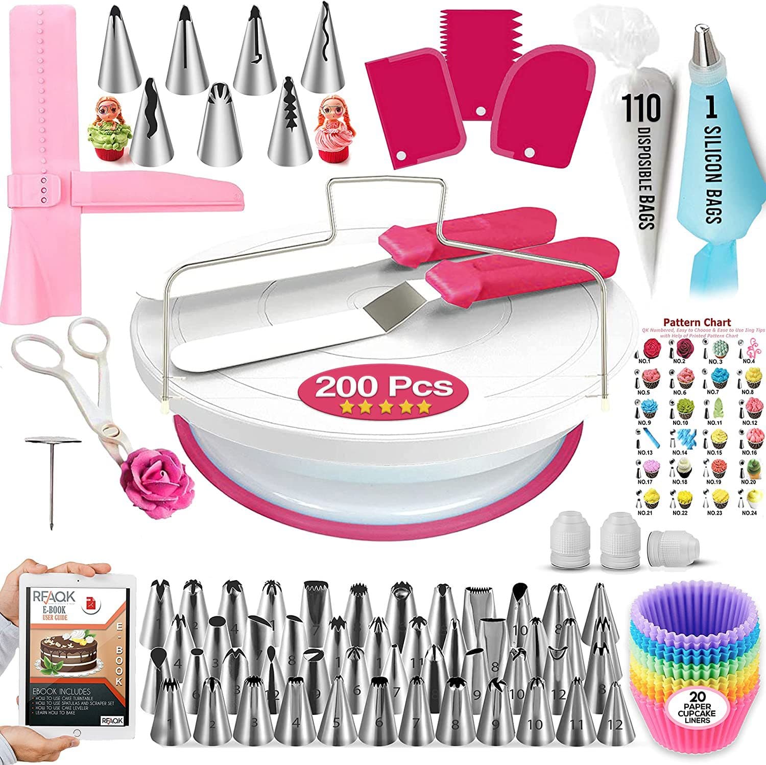 Amazon Best-Seller 200-Piece DIY Cake Turntable Set, Cake Fondant Tools and Supplies, Piping Tip Set