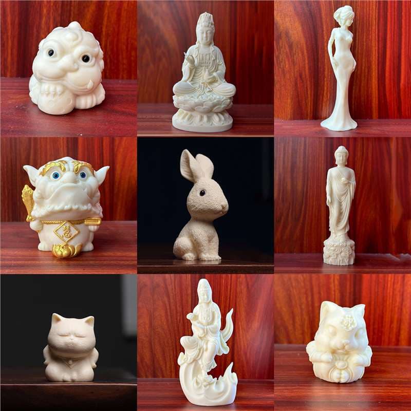 Ivory Nut Carved Pixiu, Pure Vase Guanyin, Beauty, Divine Beast, Wise Lion, Upright-Eared Rabbit, Amitabha, Flame-Free Guanyin