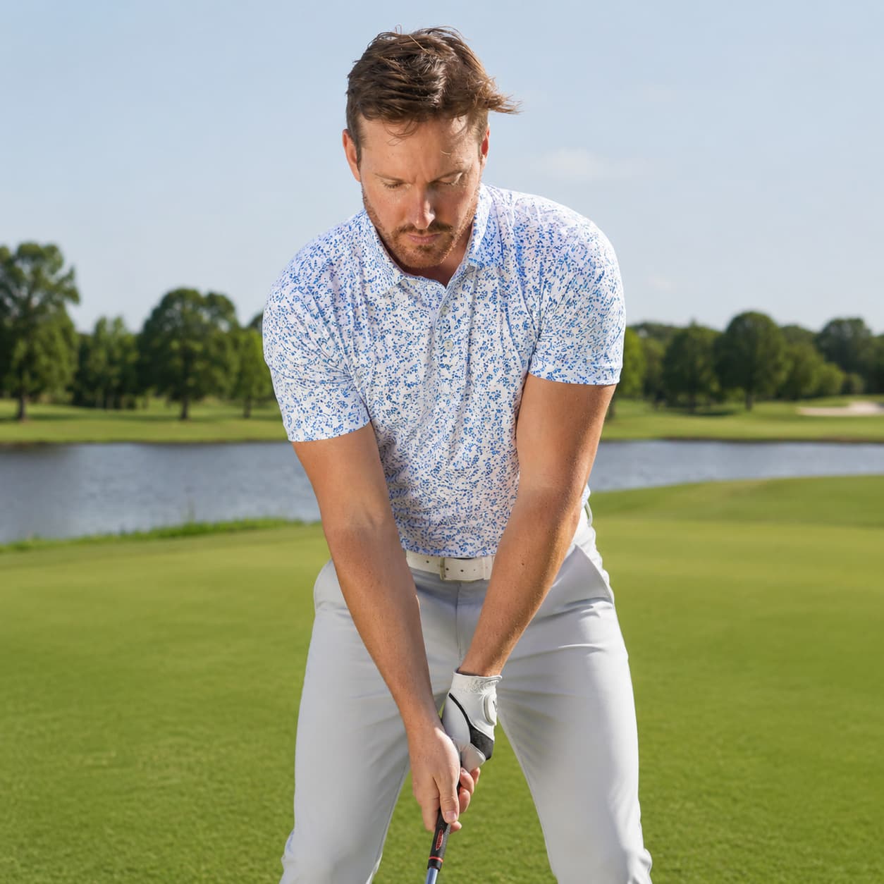 In Stock Cross-Border Men's Golf Shirt Printed Short Sleeve Breathable Quick-Dry Performance Polo Sportswear Stretch Fabric