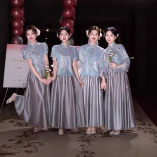 Gray Satin Bridesmaid Dress, Chinese-Style Bridesmaid Dress 2-Piece Set, Elastic Waist, High-End Niche Sister Dress, Wearable Daily