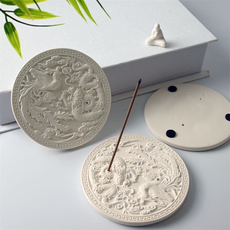 Plain ceramic Chinese style dragon and phoenix pattern embossed incense insert household indoor aromatherapy furnace line incense disc incense burner incense seat sandalwood burner