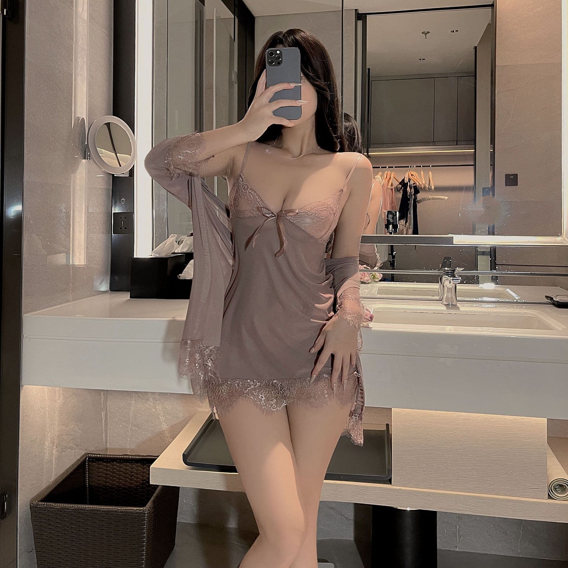 Lingerie Plus Size Three-Piece Set Flirty Sexy Temptation Lace Trim Sheer Strap Nightgown Set with Robe