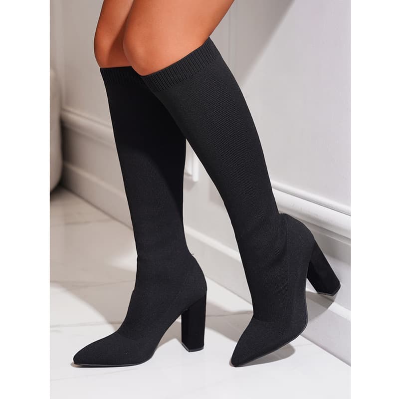 Autumn/Winter High Cut Boots Pointed Toe Thick Heel Elastic Non-Over-the-Knee Women's Boots Slim Long Tube