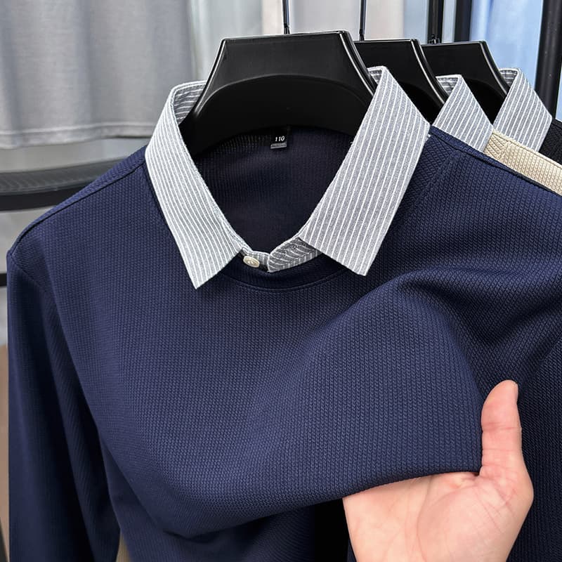 2025 Spring New Style Base Layer Men's Long Sleeve Shirt Collar Layered Look Set Men's Spring and Autumn Trendy Thin Top