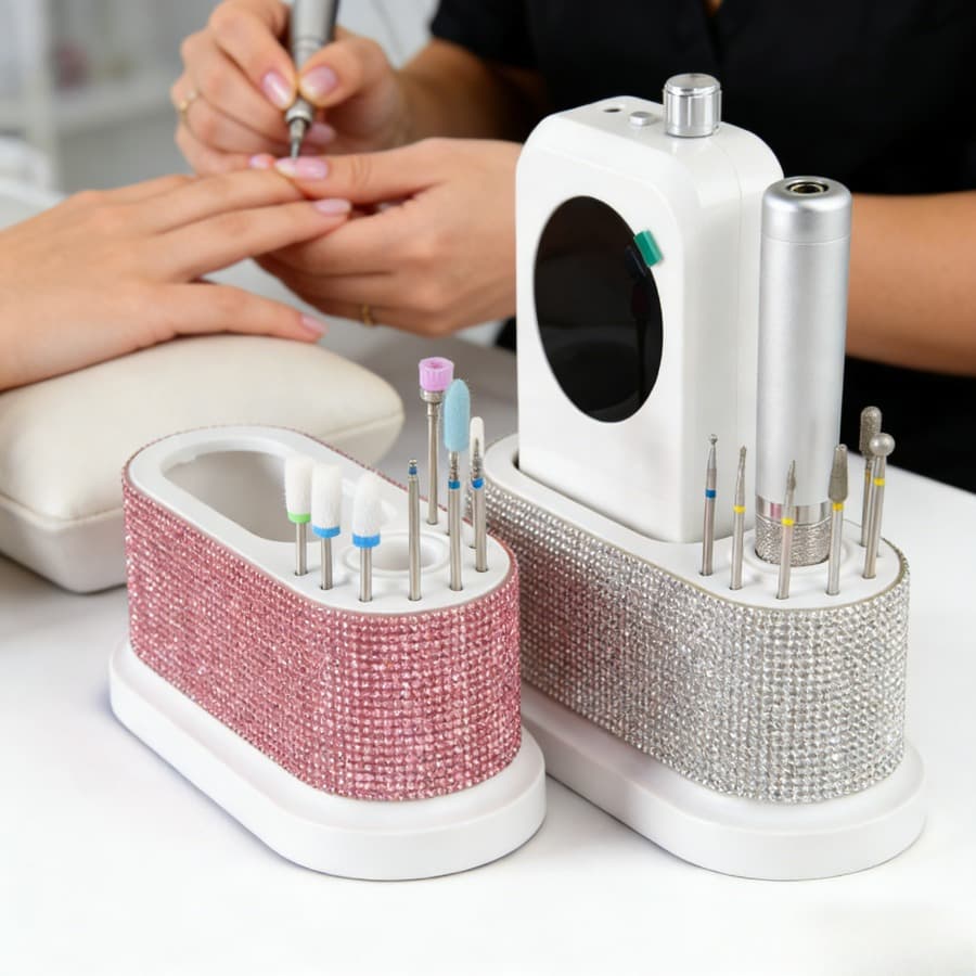 Luxury nail polisher drill bit storage box ABS desktop storage box high-end rhinestone decorative nail storage box