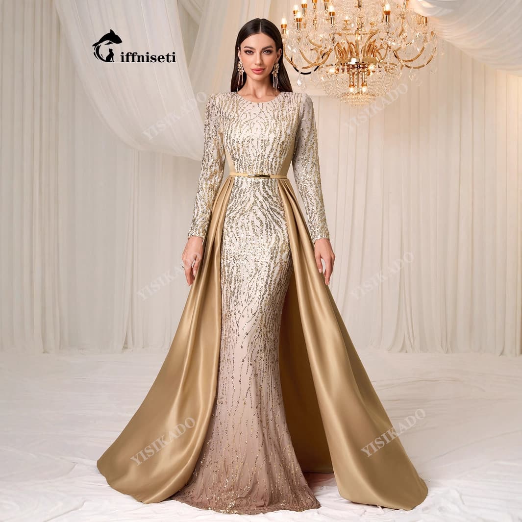 Yisikado New Cross-Border Sequin Dress Long Skirt Heavy Work Luxury Long Sleeve Large Skirt Gown-Kzt5012 Wedding And Important Occasion