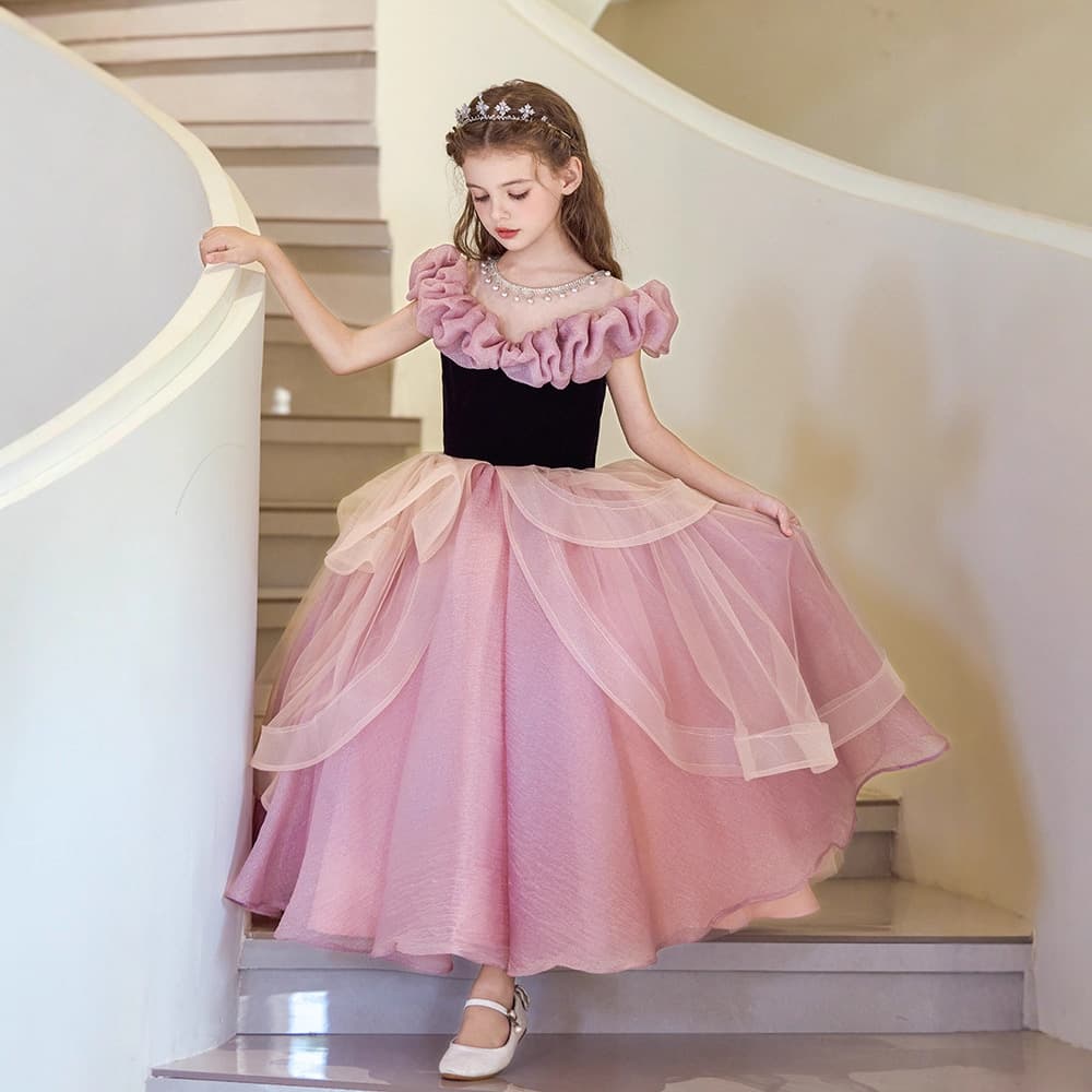 Pink girls' dress, light luxury niche high-end children's piano performance, beautiful birthday little girl princess dress