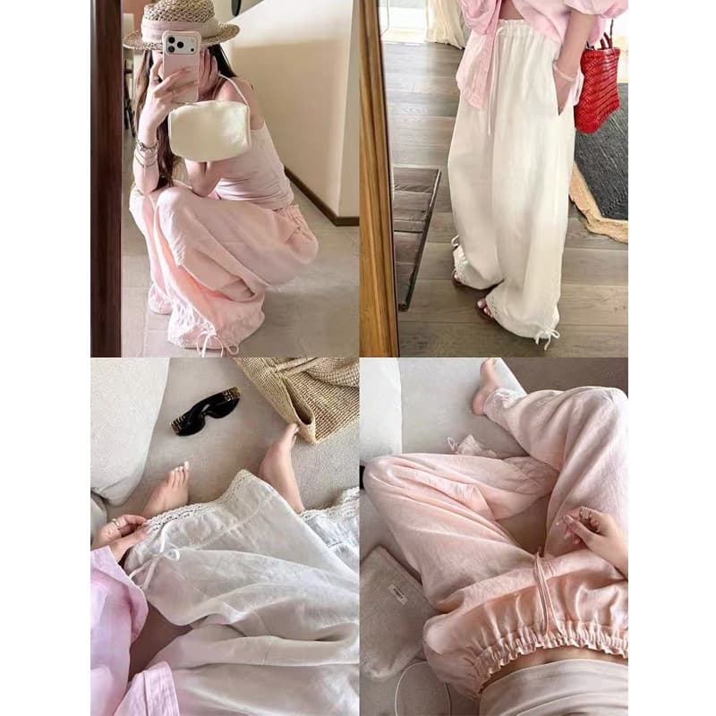 Soft and Youthful Linen Air Pants, Loose Linen Pants with Ruffled Edges, Elastic Waist, Drawstring, Wide-Leg Pants for Summer