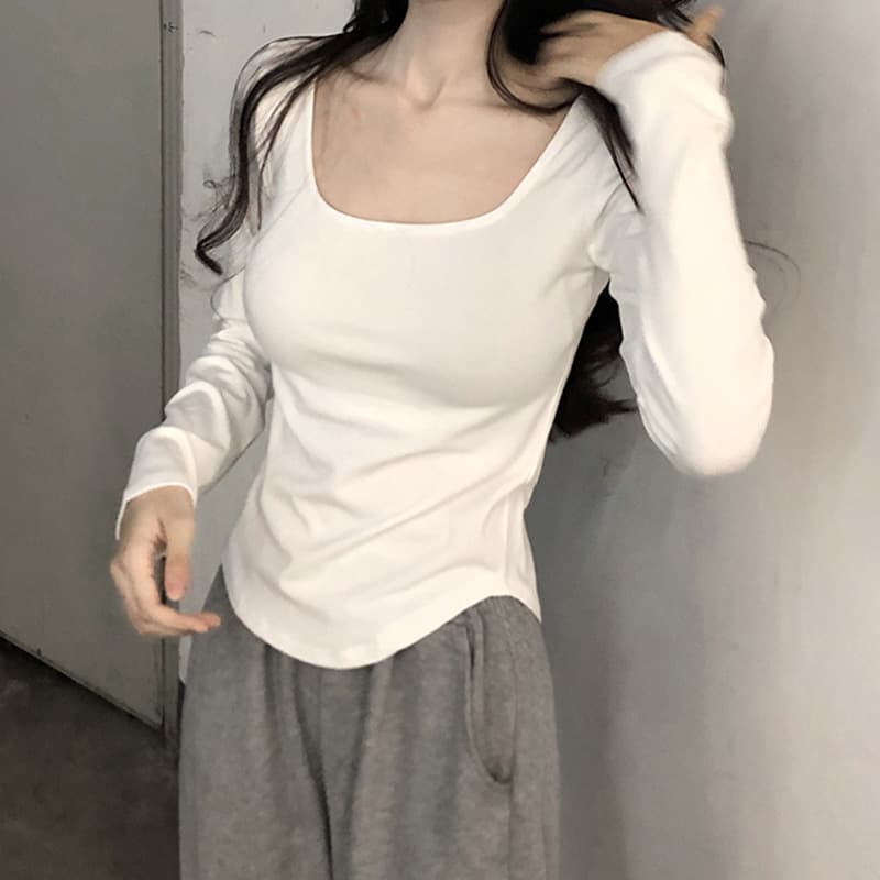White Long Sleeve Square Collar Women's Base Shirt Inner Wear Fashionable Low Neck Spring Autumn Winter Polyester Spandex