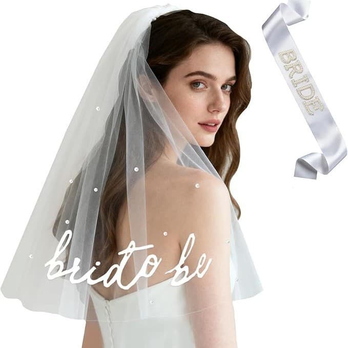 European and American Bride to Be Pearl Veil Wedding Bachelorette Party Bride Pearl Shoulder Strap Hot Stamping Double Layer Apparel