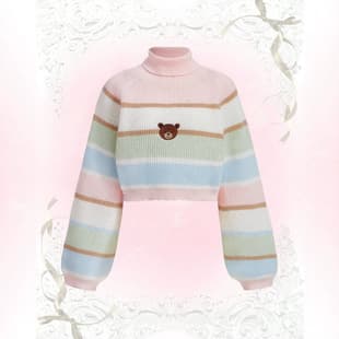 2026 Sweet Girl Style Color Block Stripe High Neck Knit Sweater Cute Bear Embroidery Short Puff Sleeve Sweater