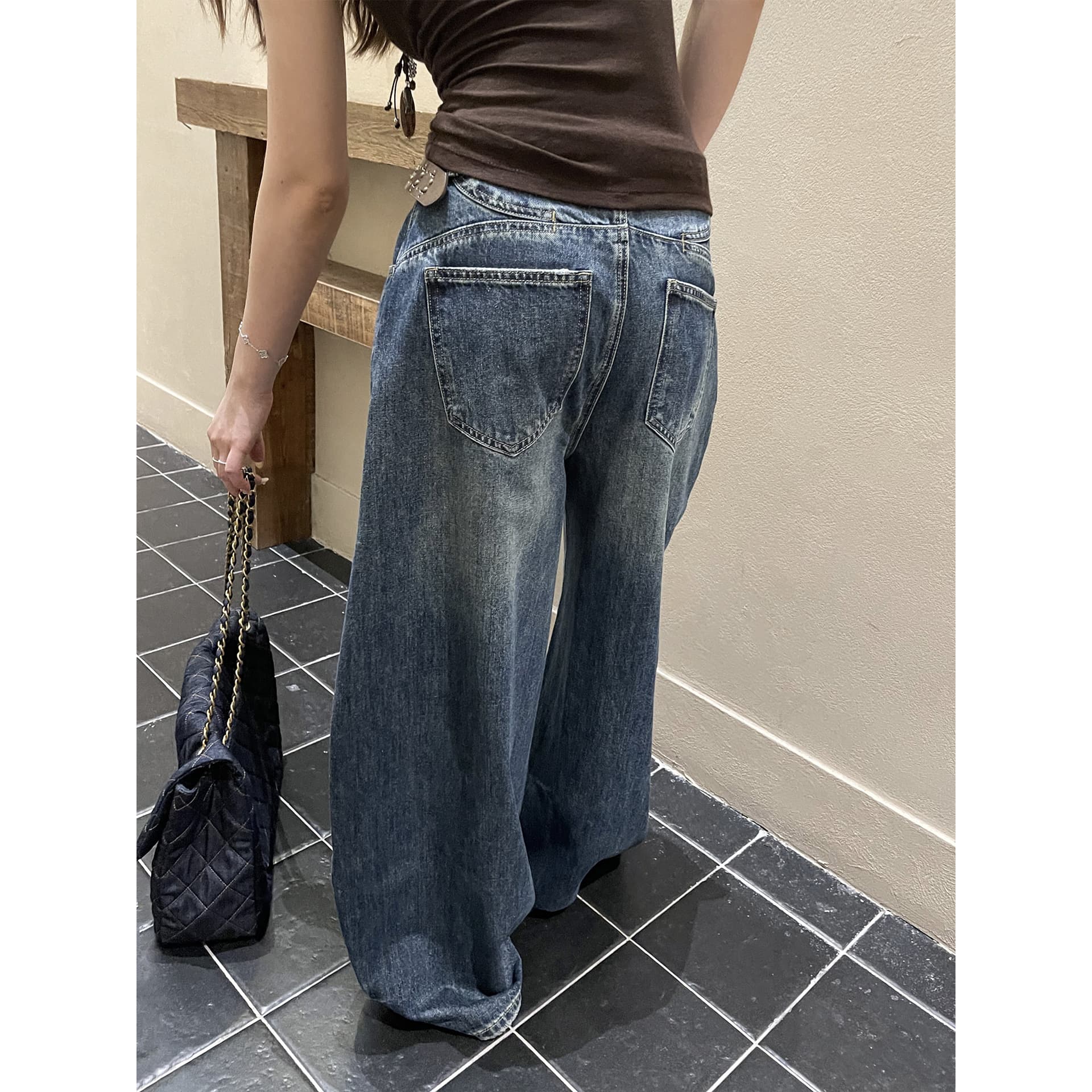 ICCIICC Retro Dark Blue Curved Blade Jeans New Washed Whisker Loose Fit Women's Autumn 11011