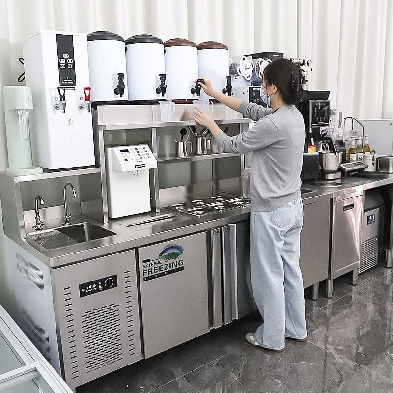Complete Milk Tea Shop Equipment Set with Refrigerated Worktable, Freezer, Beverage Shop Operation Counter, Water Bar Commercial Integrated with Sink