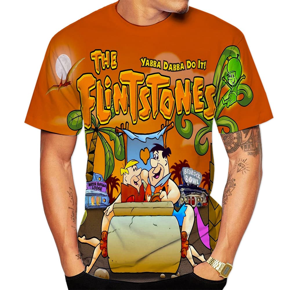 2025 Cross-border AliExpress Hot Sale Summer Fashion Funny Cartoon Flintstone Tribe 3D Printed Casual Short Sleeve T-Shirt