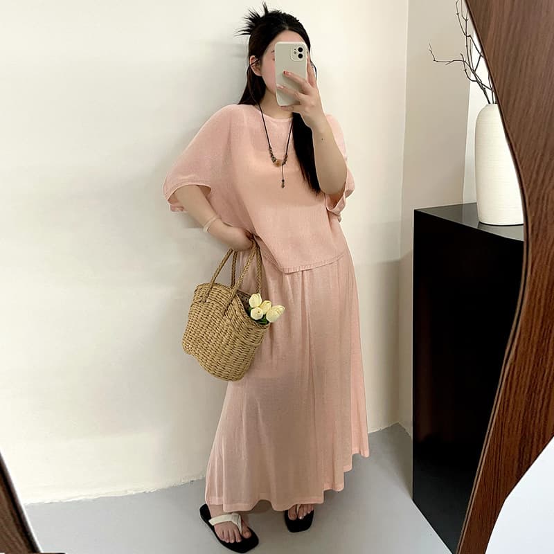 Plus Size Women's Casual Loose Knit Set 2026 Summer Fat mm Short Sleeve T-Shirt and Skirt Two-Piece Set 25020