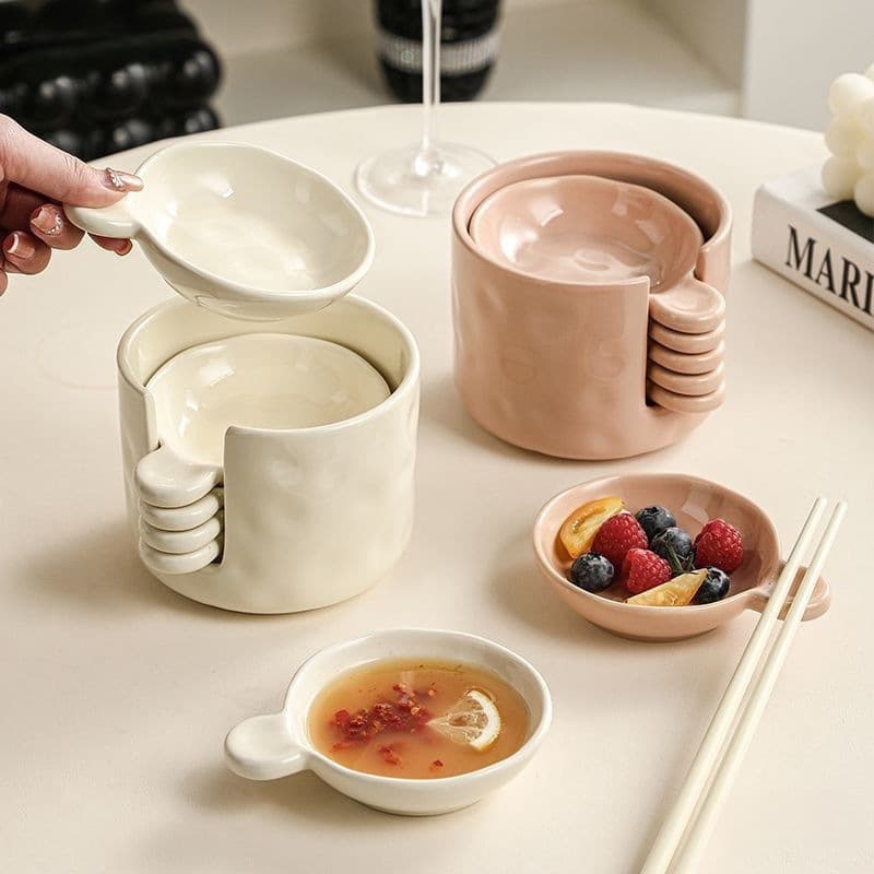 Cream Flavor Sauce Dish with Storage Set, Chopstick Compatible, Thickened High-Temperature Resistant Ceramic Dipping Dish, Dropshipping Available