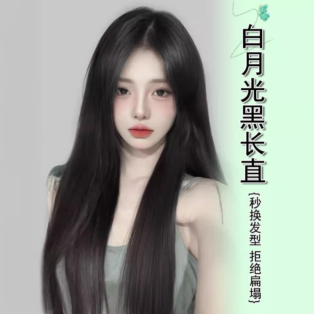 Kony wig women's full headband forehead lace seamless fluffy black long straight thin top real hair with middle parting white