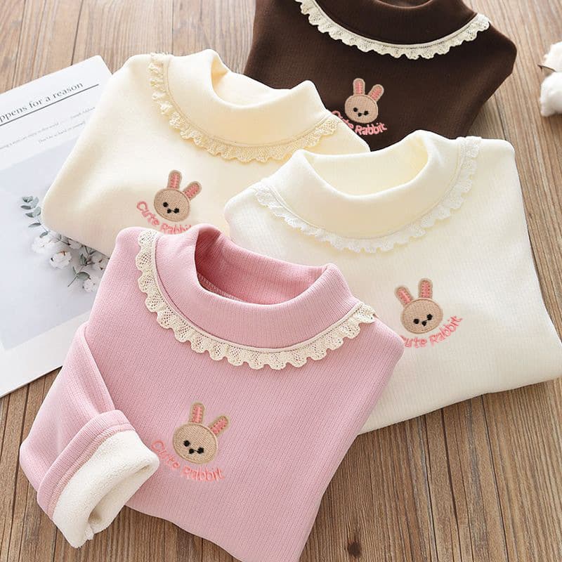 Girls' Fleece-Lined Base Shirt 2024 Autumn and Winter New Style Baby Girl Lace Warm T-Shirt Children's Versatile Fleece Shirt Wholesale