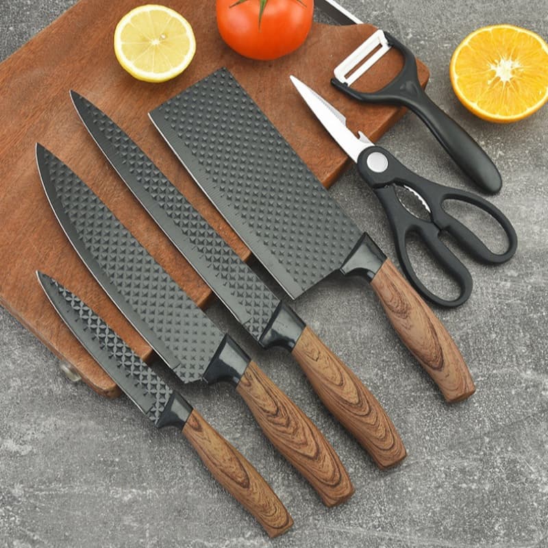 Eight-Star Pattern Knife Set with Coated Handles, Six-Piece Kitchen Knife Set, Fruit Knife Set with Knife Holder