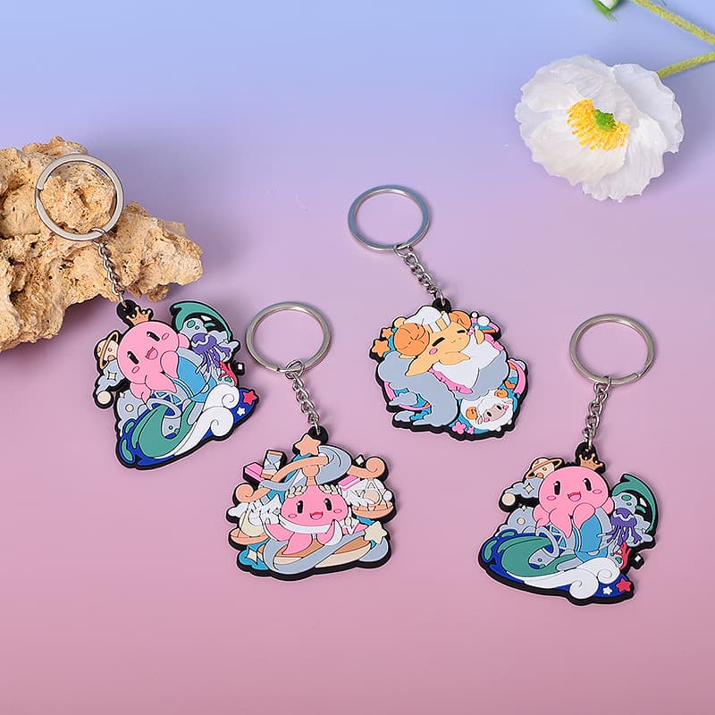 Cute cartoon PVC soft rubber keychains, flat or 3D commemorative epoxy mascot backpack keychain pendants.
