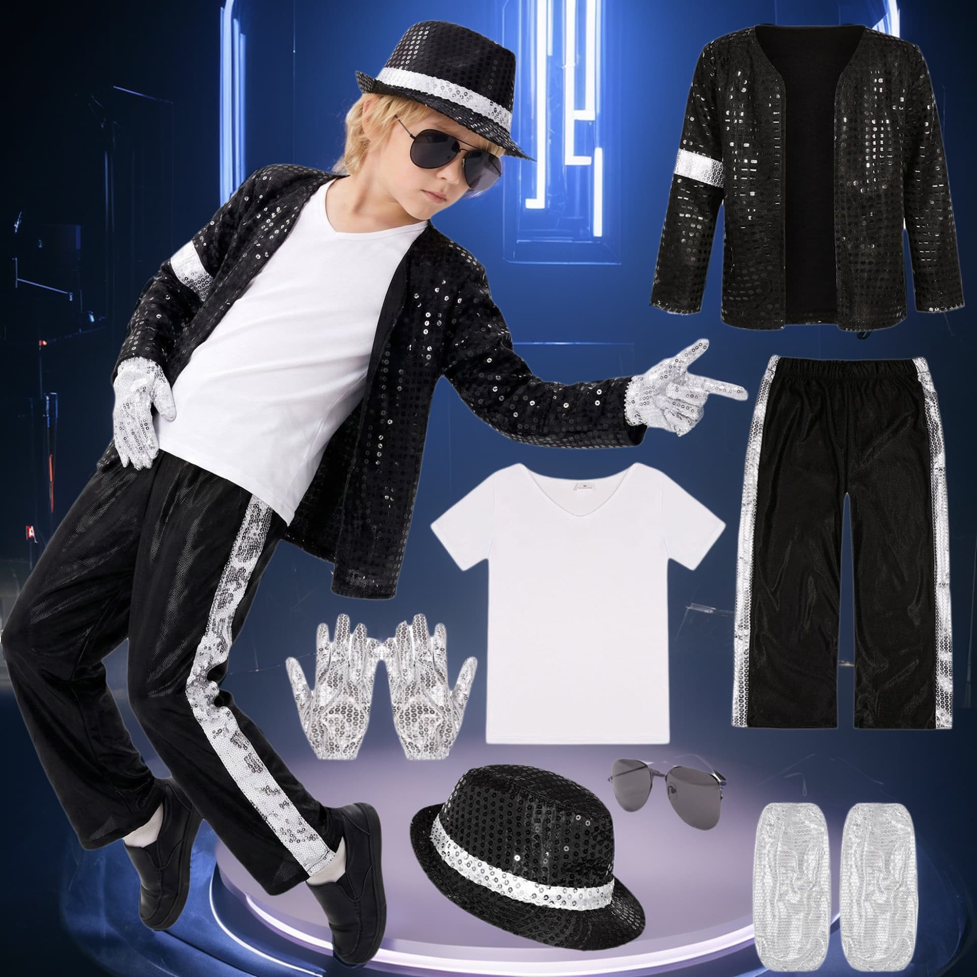 Kids Michael Jackson Costume Set Sequin Performance Outfit Halloween Stage Costume MJ Boys Cosplay