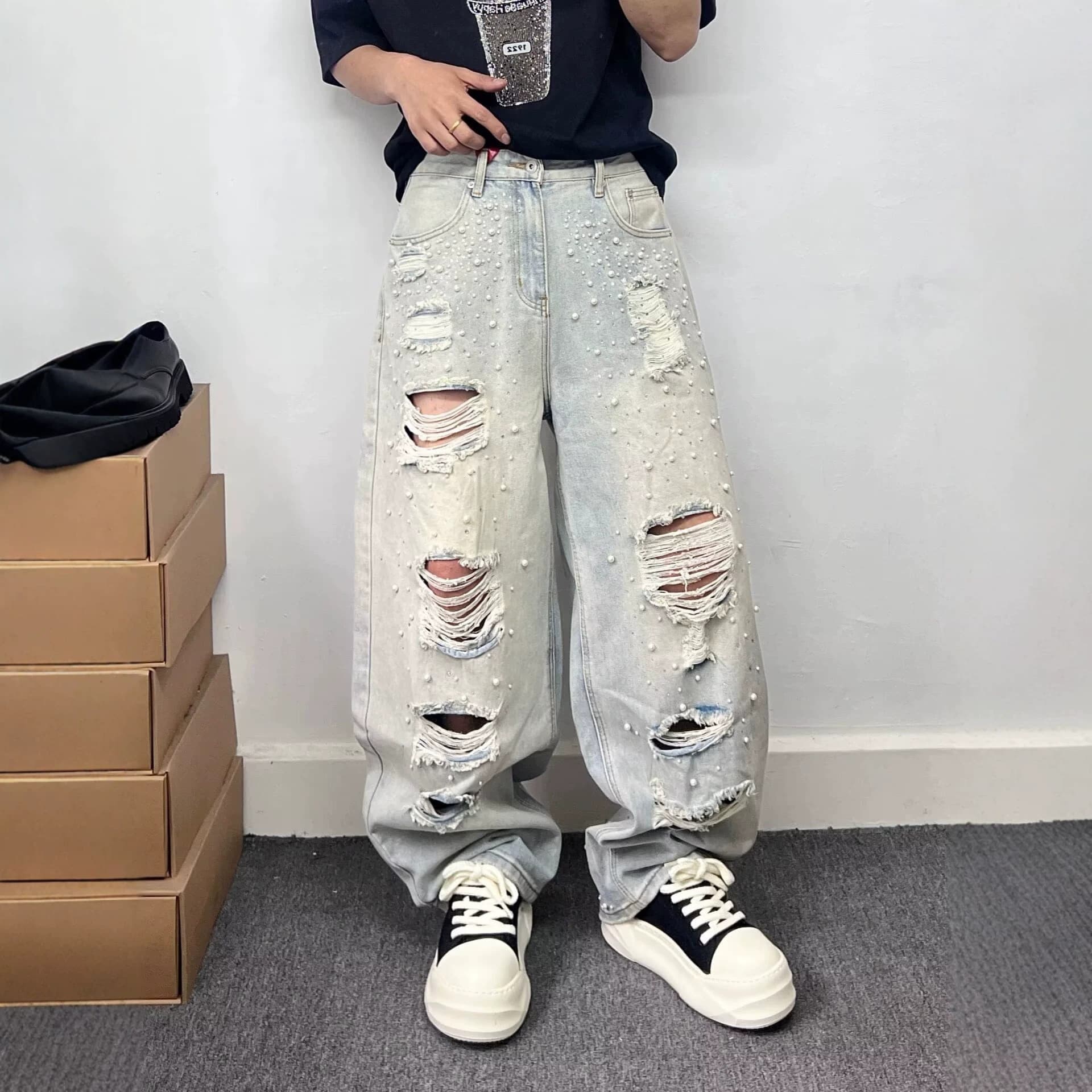 American Street Washed Distressed Beaded Curved Jeans for Men and Women, Unique Design Loose Wide-Leg Long Pants